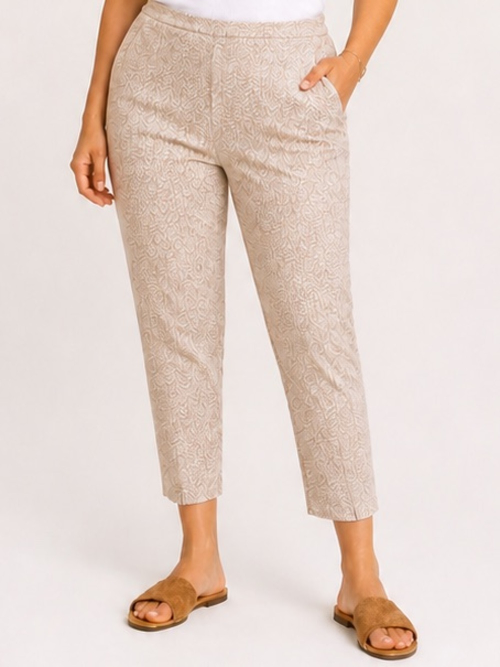 Renuar Beige Print Ankle Pants Size 16 Stretch Slim Career